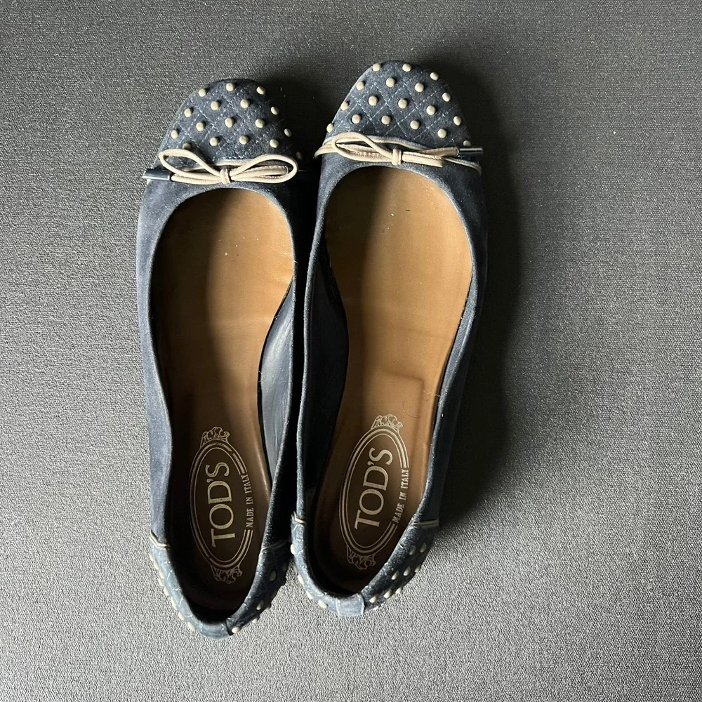 Tods Navy Blue Suede Quilted Studded Ballet Flats Shoes Made in Italy 38.5 US 8